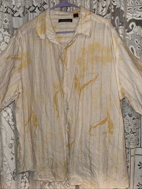 Cubavera linen Cream Button-Up Shirt with Yellow Floral Print
